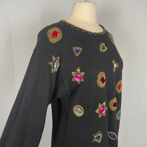 Vintage Sweater Womens Size Medium Black Rhinestone Embellished Bling Party 80s - Picture 4 of 13